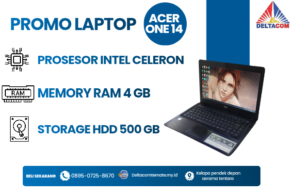 ACER ONE 14 [Z1402] , TYPE BARU BODY SLIM, PROSESOR INTEL CELERON RAM 4 GB STORAGE HDD 500 GB DISPLAY 14 INCH MULUS , WARNAH HITAM, LECET SDIKIT,